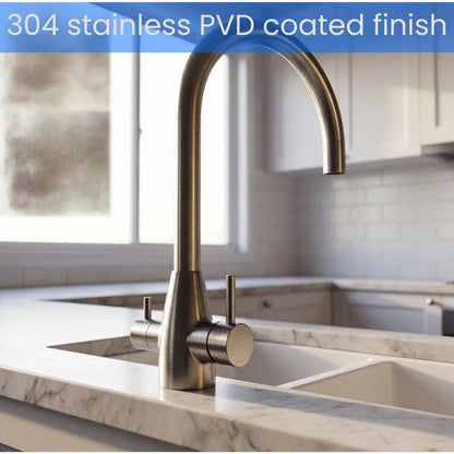 AQUALA 3-in-1 Filtered Kitchen Tap, Gooseneck — Filtered + Hot + Cold — Stainless Steel