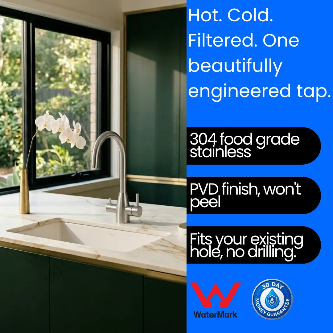 AQUALA 3-in-1 Filtered Kitchen Tap, Gooseneck — Filtered + Hot + Cold — Stainless Steel