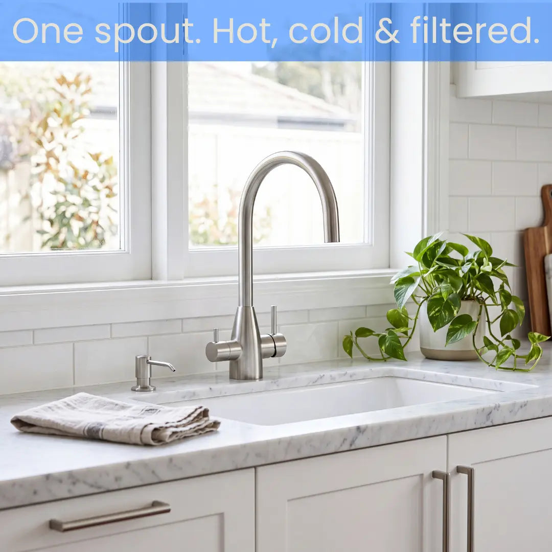 AQUALA 3-in-1 Filtered Kitchen Tap, Gooseneck — Filtered + Hot + Cold — Stainless Steel