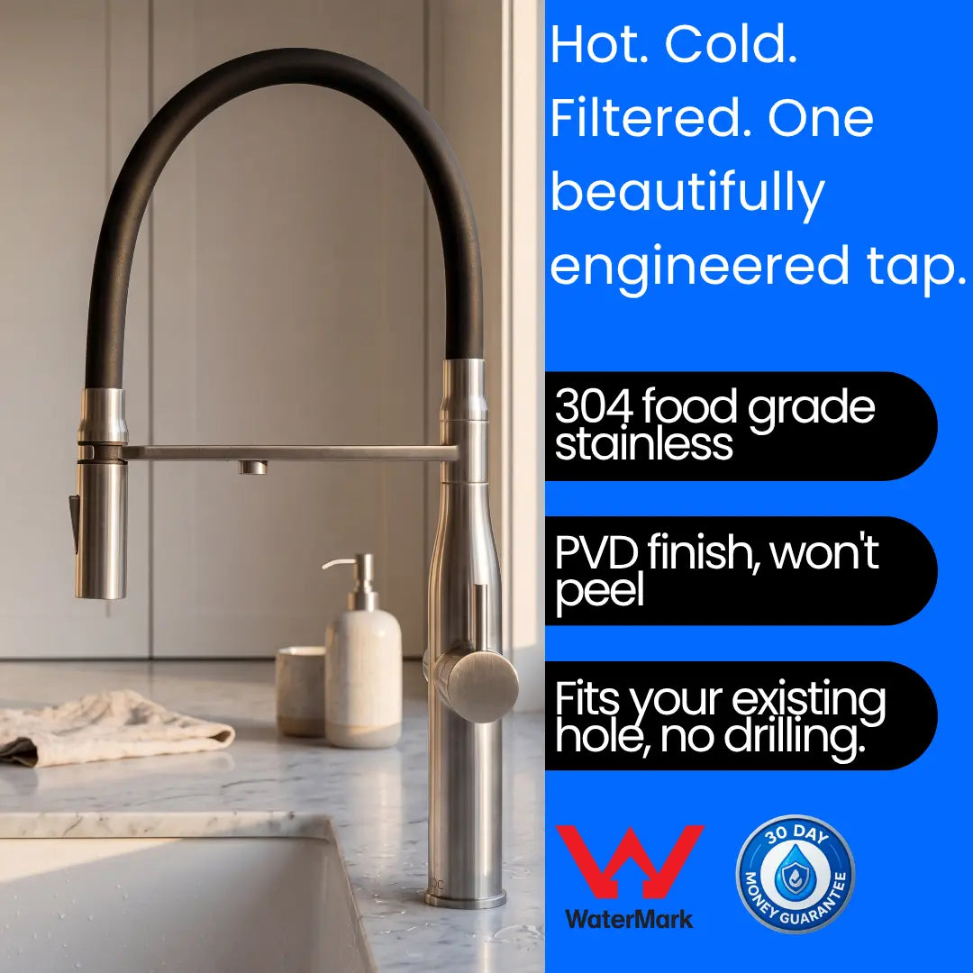 AQUALA Stainless Steel 3-in-1 Filtered Kitchen Tap - Filtered + Hot + Cold