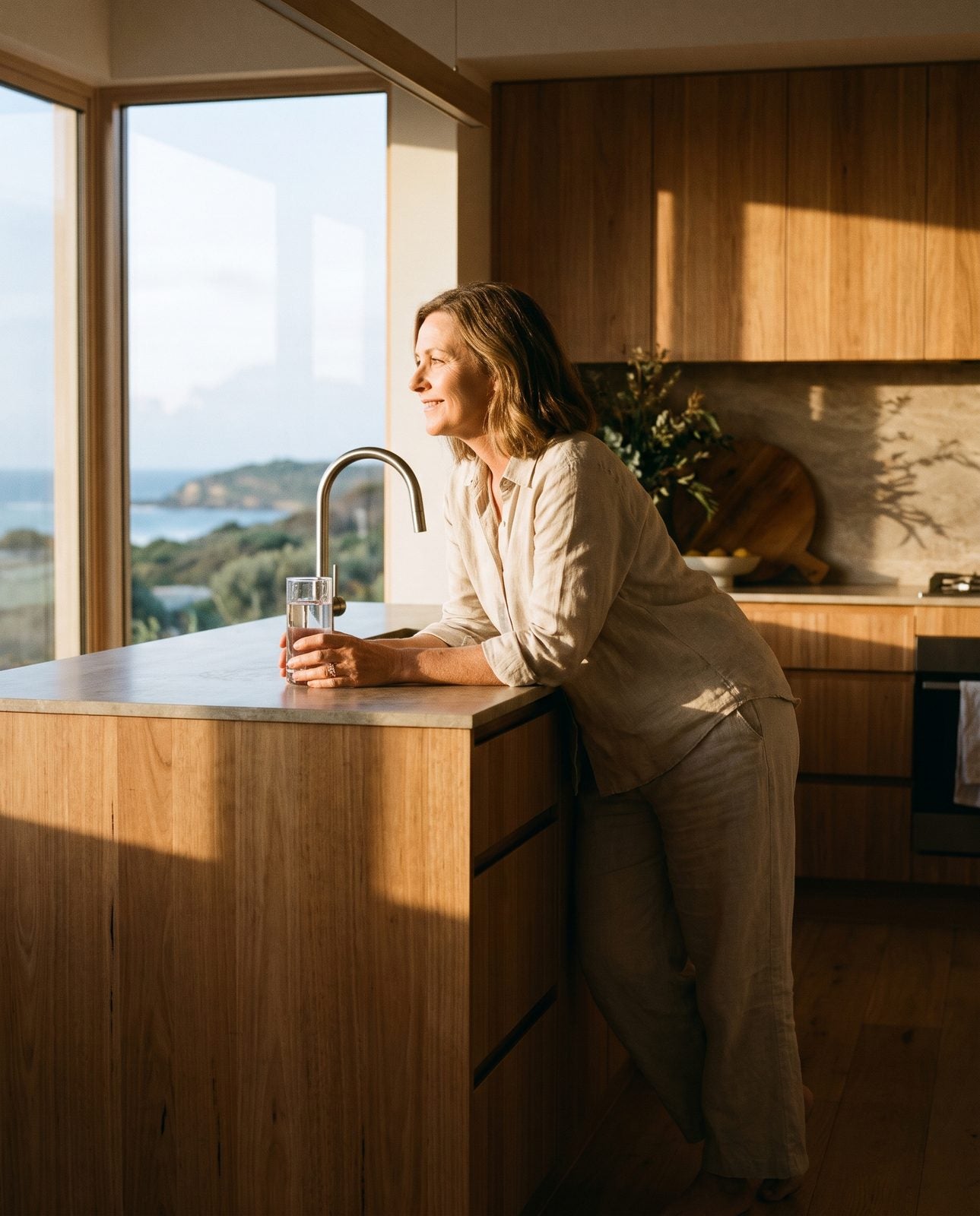 A woman leans on her kitchen bench in evening light, holding a glass of water.